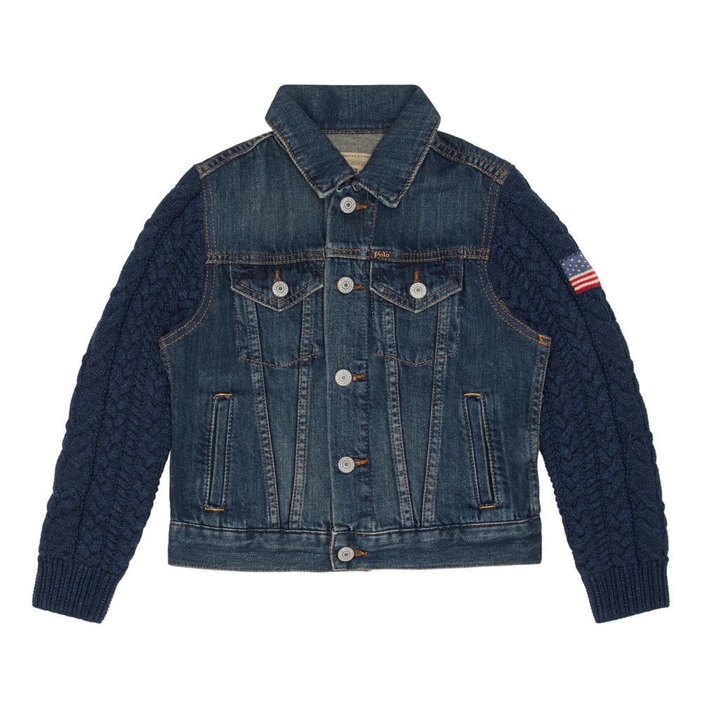 Polo Ralph Lauren Blue Hybrid Cable-Knit Sleeves Denim Trucker Jacket, Size 8